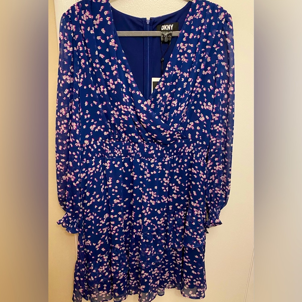 DKNY Navy Blue Long Sleeve Floral Dress with Pink Print